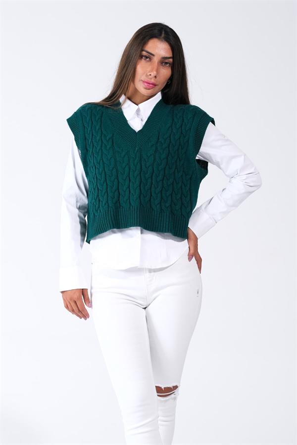 Haki V Yaka Crop Saç Örgü Triko Süveter