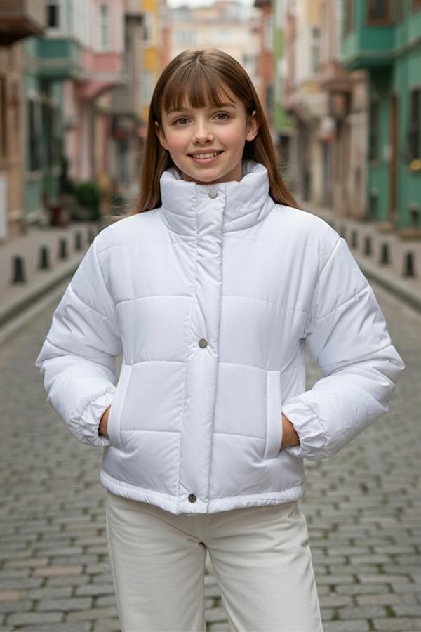 Kız Çocuk Beyaz Çıtçıtlı Fermuarlı Şişme Mont