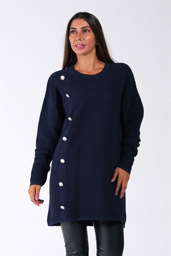 Lacivert Bisiklet Yaka Fitilli Düğme Detaylı Triko Kazak