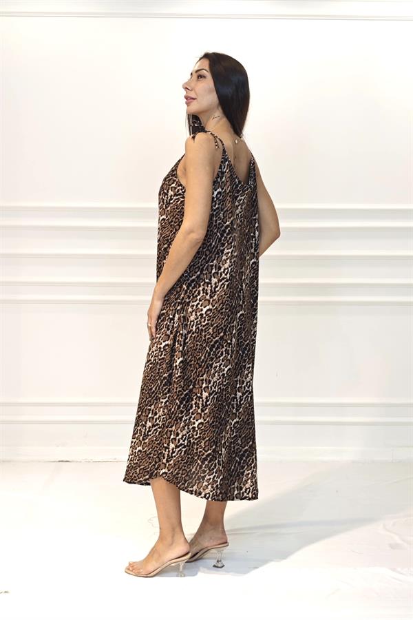 Leopar Desenli Askılı Uzun Elbise