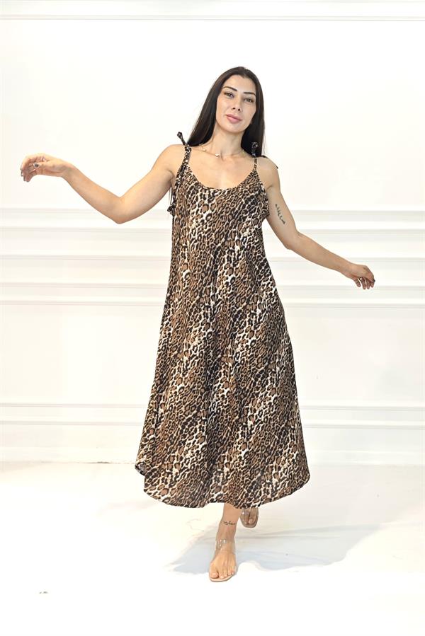 Leopar Desenli Askılı Uzun Elbise