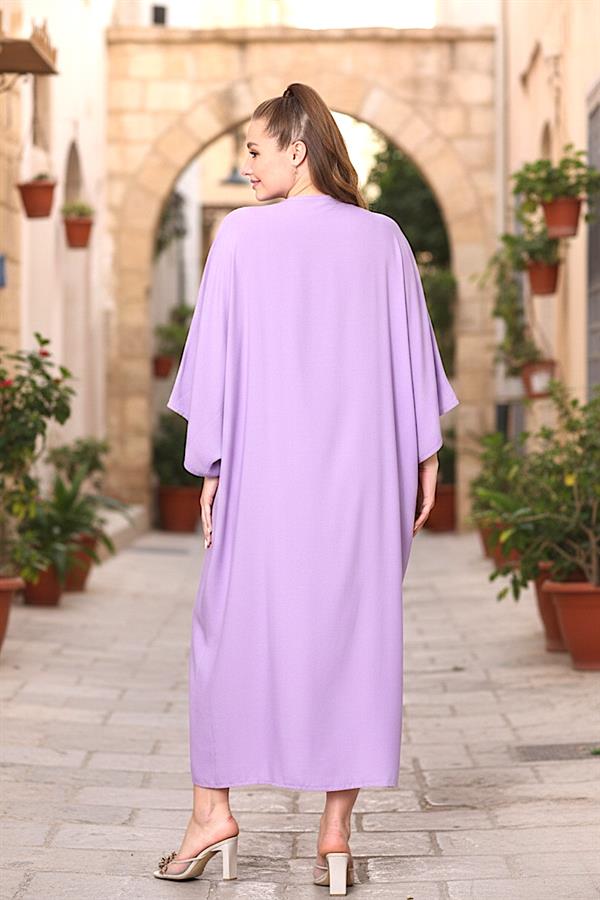 Lila V Yaka Önü Nota Nakışlı Cepli Oversize Uzun Gömlek Elbise