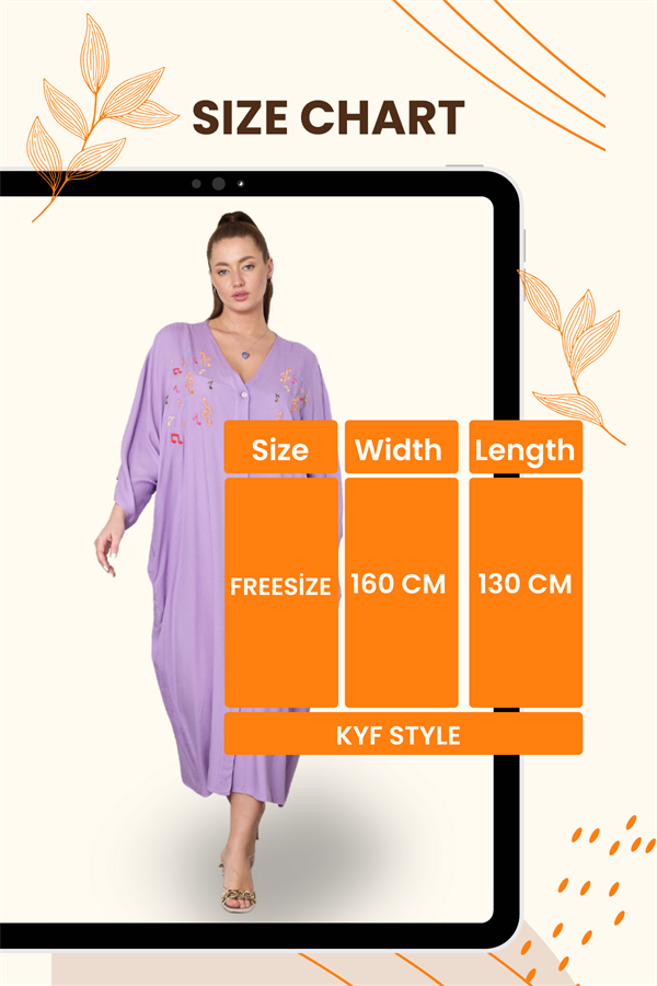 Lila V Yaka Önü Nota Nakışlı Cepli Oversize Uzun Gömlek Elbise