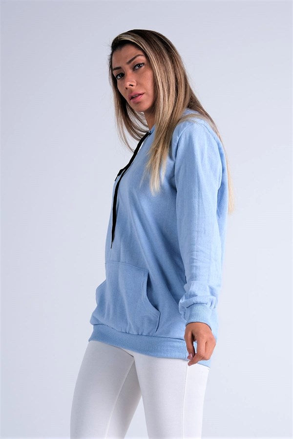 Mavi Kapüşonlu Kanguru Cepli Şardonlu Sweatshirt