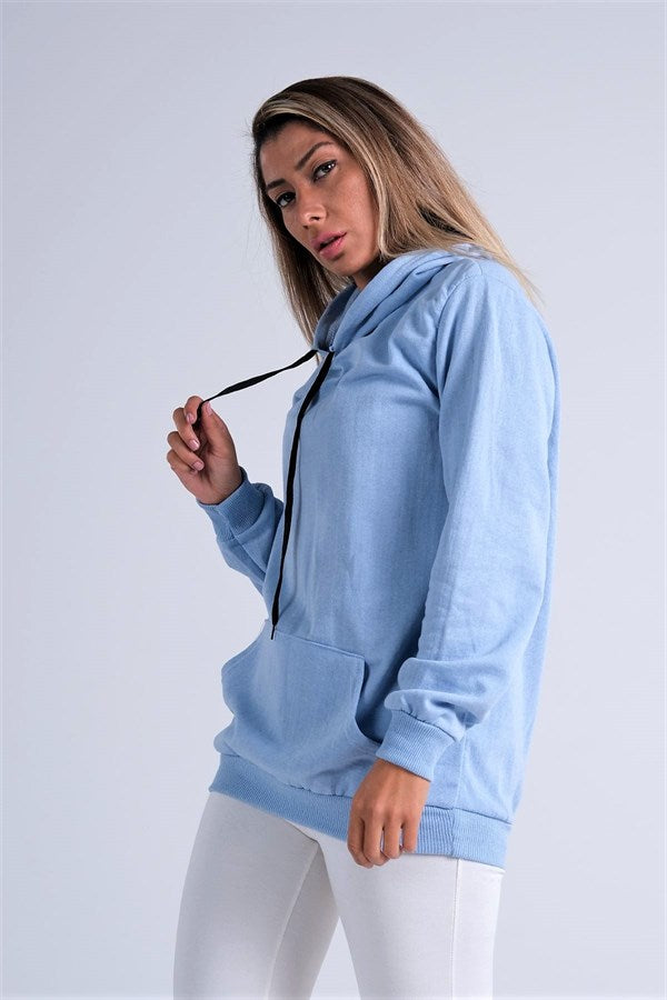 Mavi Kapüşonlu Kanguru Cepli Şardonlu Sweatshirt