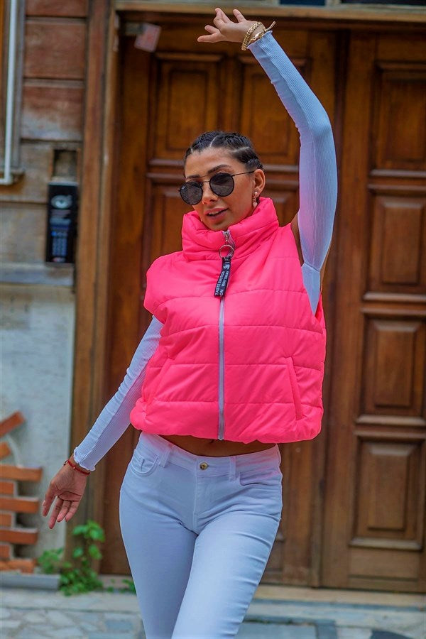 Pembe Dik Yaka Beli Lastikli Cepli Kısa Şişme Yelek