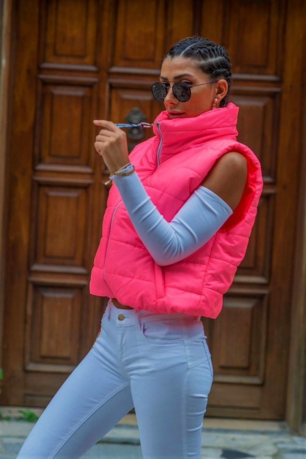 Pembe Dik Yaka Beli Lastikli Cepli Kısa Şişme Yelek