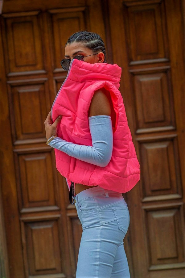 Pembe Dik Yaka Beli Lastikli Cepli Kısa Şişme Yelek