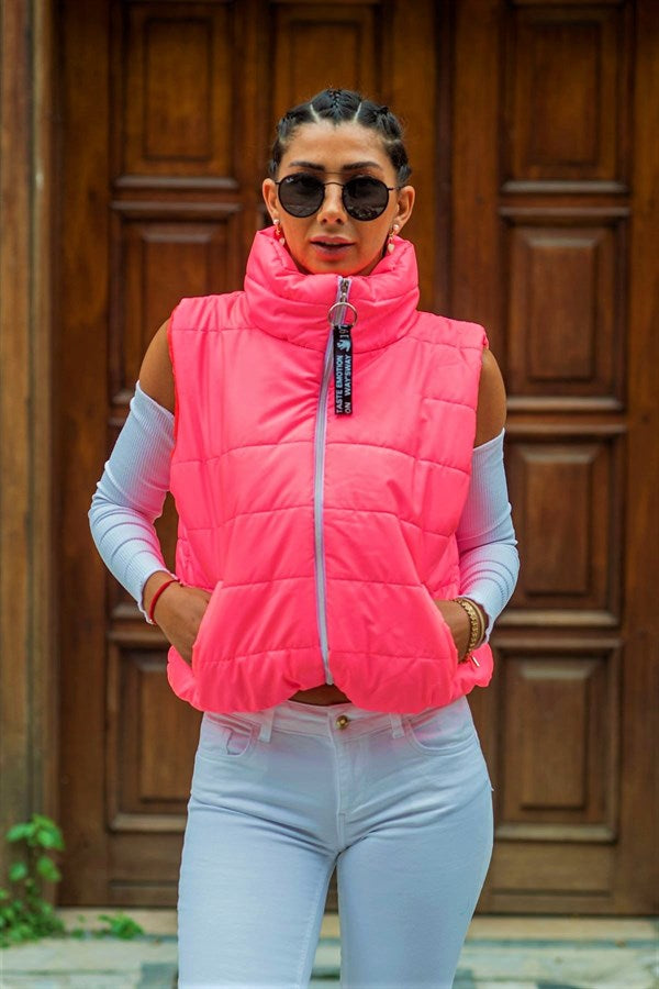 Pembe Dik Yaka Beli Lastikli Cepli Kısa Şişme Yelek