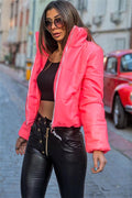 Pembe Dik Yaka Kısa Deri Şişme Mont