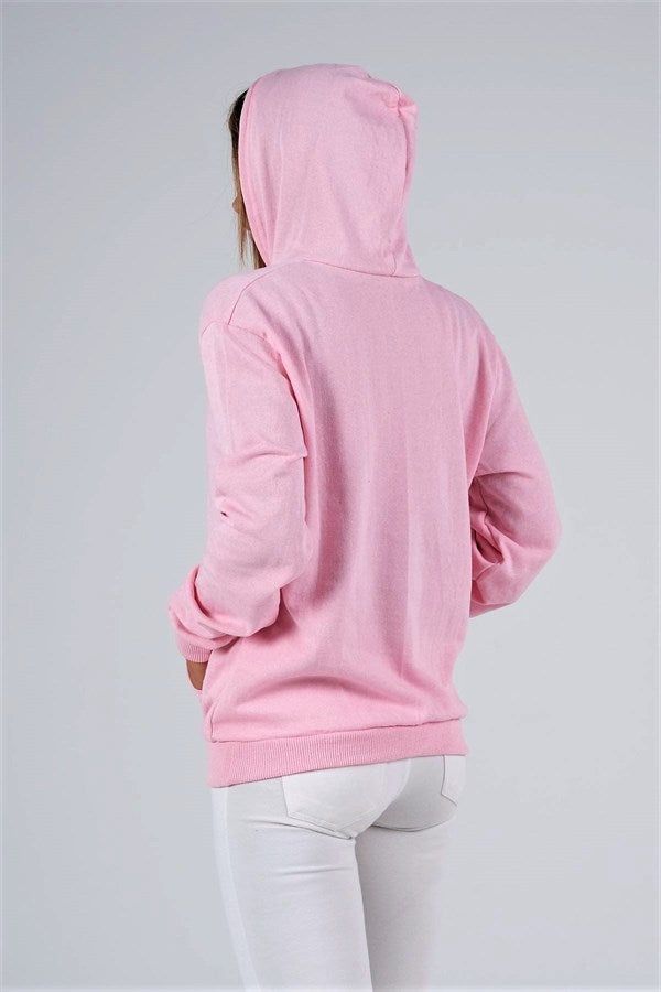 Pembe Kapüşonlu Kanguru Cepli Şardonlu Sweatshirt