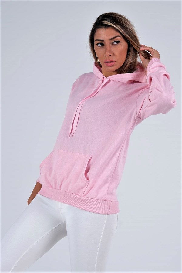 Pembe Kapüşonlu Kanguru Cepli Şardonlu Sweatshirt