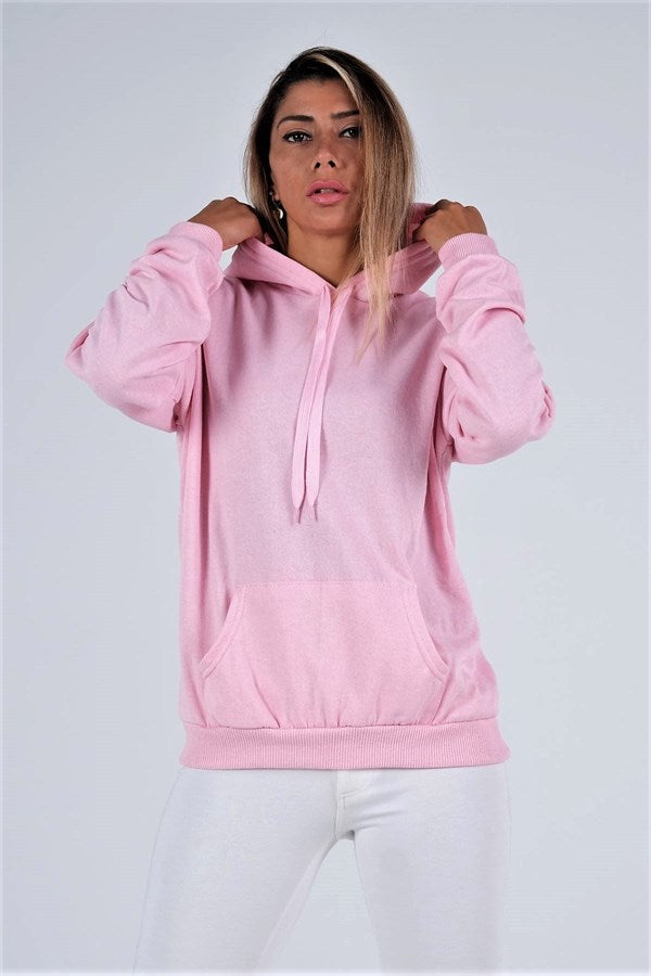 Pembe Kapüşonlu Kanguru Cepli Şardonlu Sweatshirt
