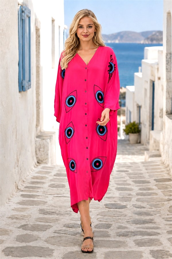 Pembe V Yaka Göz Nakışlı Cepli Oversize Uzun Gömlek Elbise