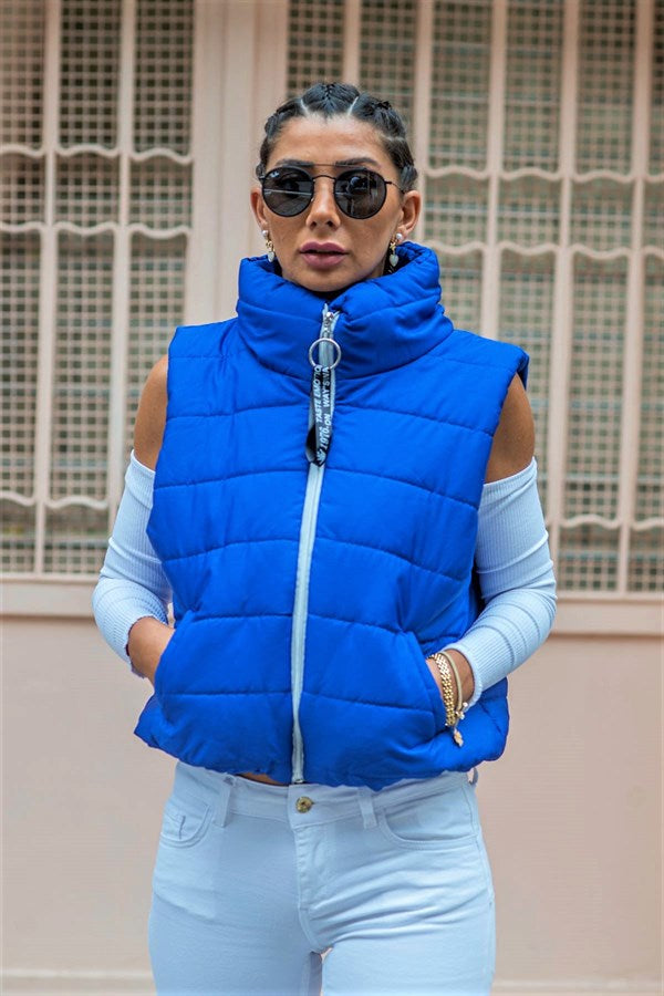 Saks Mavi Dik Yaka Beli Lastikli Cepli Kısa Şişme Yelek