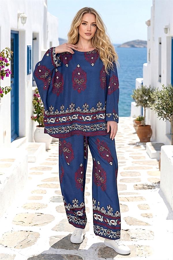 Saks Mavi Otantik Desenli Pantolon Bluz Takım
