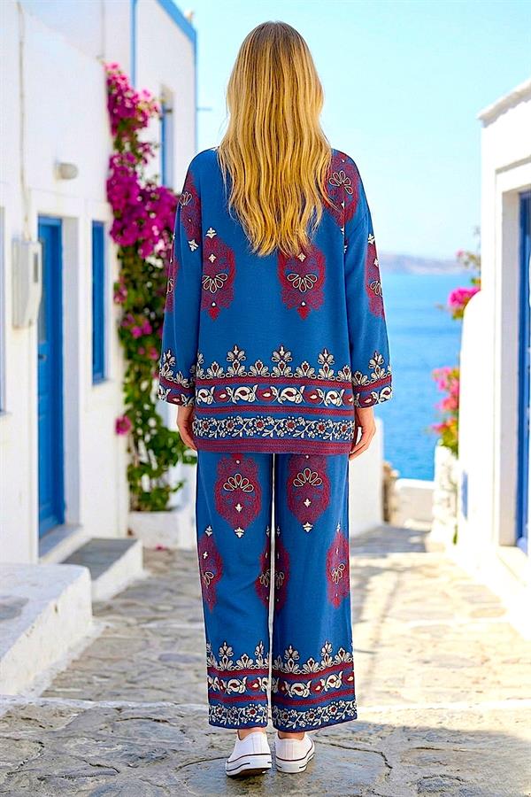 Saks Mavi Otantik Desenli Pantolon Bluz Takım