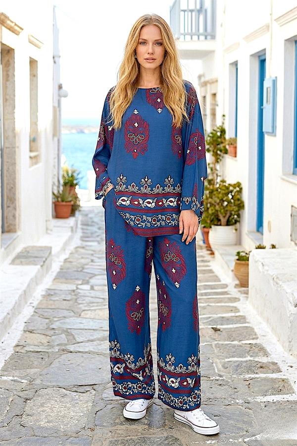 Saks Mavi Otantik Desenli Pantolon Bluz Takım
