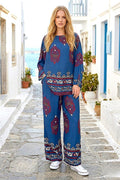 Saks Mavi Otantik Desenli Pantolon Bluz Takım