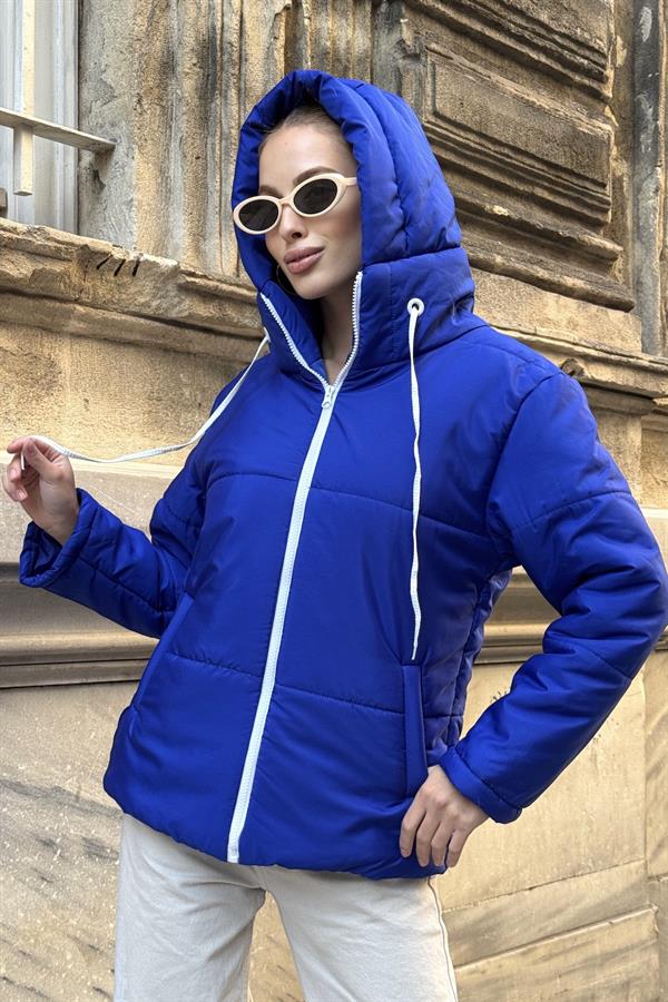 Saks Mavi Su Geçirmez Kapüşonlu Şişme Mont