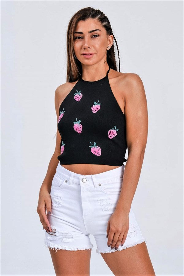 Siyah Çilek Kabartma Baskı Boyundan Bağlamalı Crop Örme Bluz