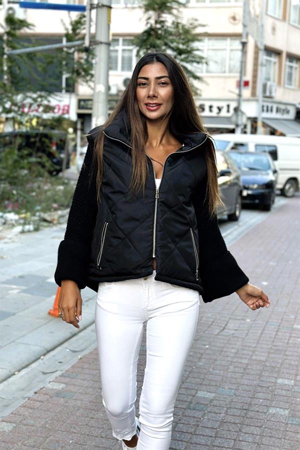 Siyah Dik Yaka Kolları Triko Cepleri Fermuarlı Şişme Mont