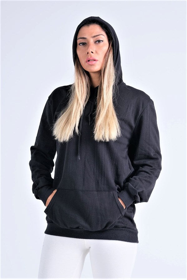 Siyah Kapüşonlu Kanguru Cepli Şardonlu Sweatshirt