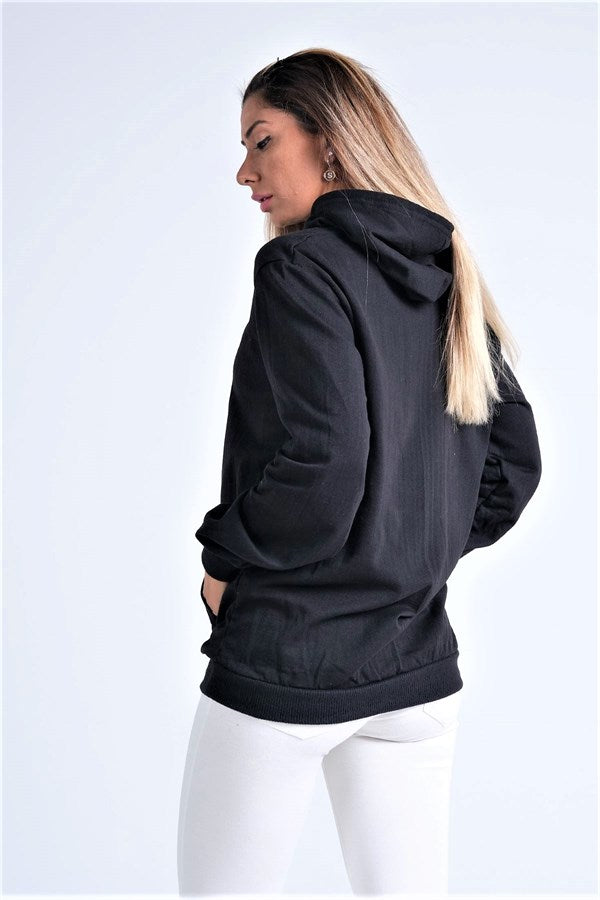 Siyah Kapüşonlu Kanguru Cepli Şardonlu Sweatshirt