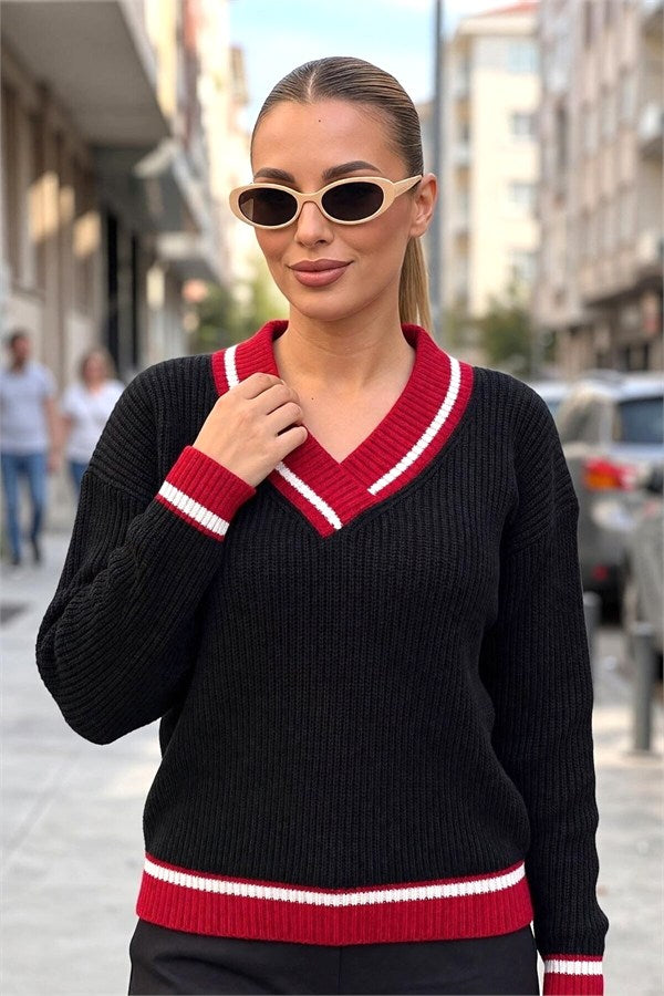 Siyah Kırmızı V Yaka Triko Kazak