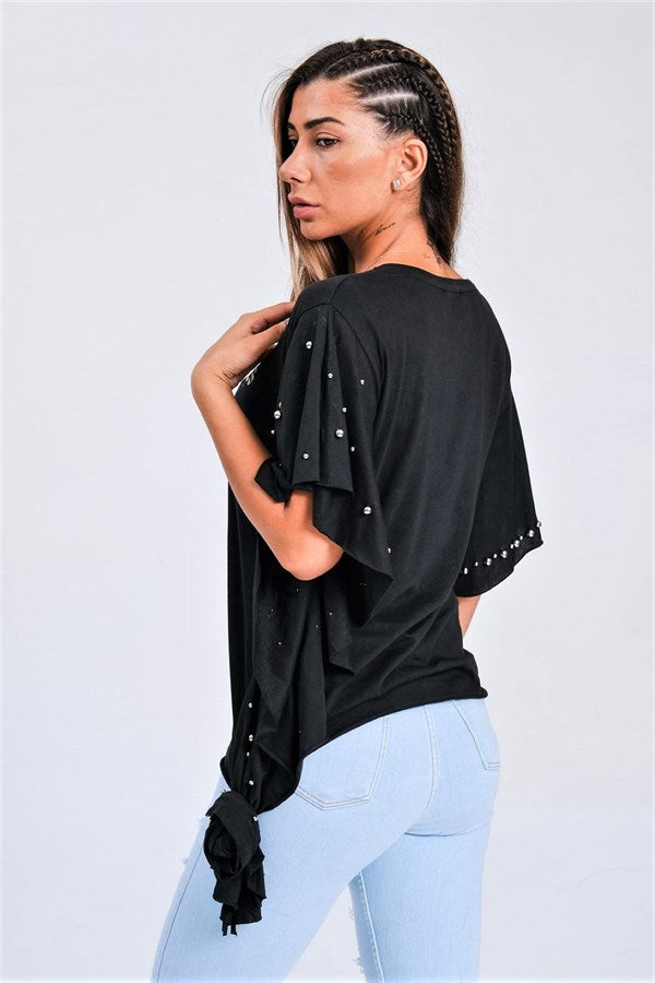 Siyah Yarasa Kollu Yazılı Zımba Detaylı Bağlamalı T-Shirt