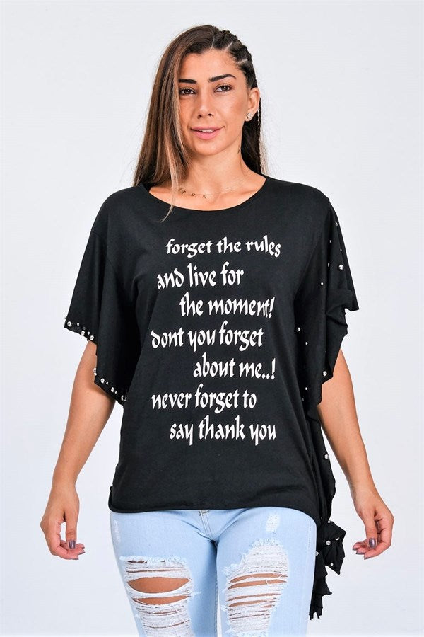 Siyah Yarasa Kollu Yazılı Zımba Detaylı Bağlamalı T-Shirt