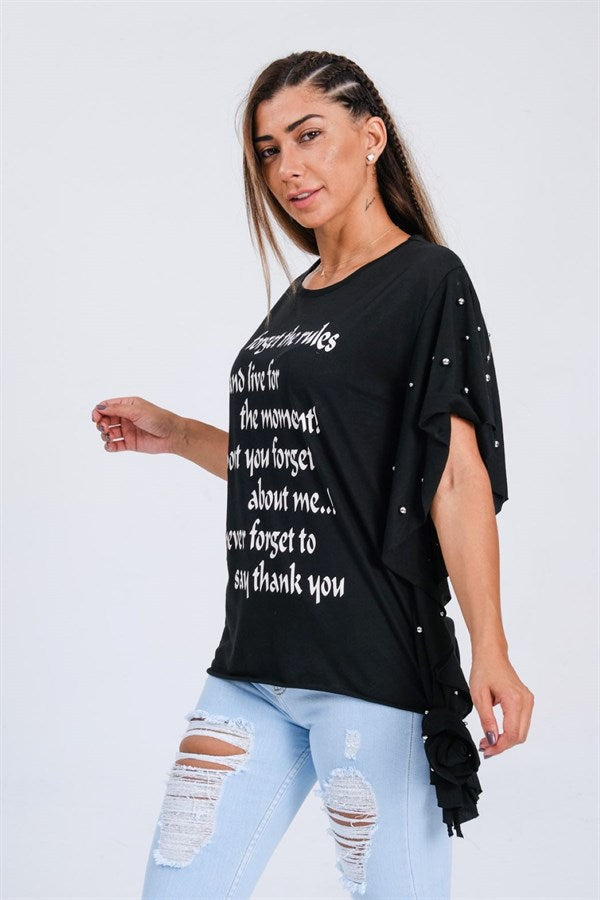 Siyah Yarasa Kollu Yazılı Zımba Detaylı Bağlamalı T-Shirt