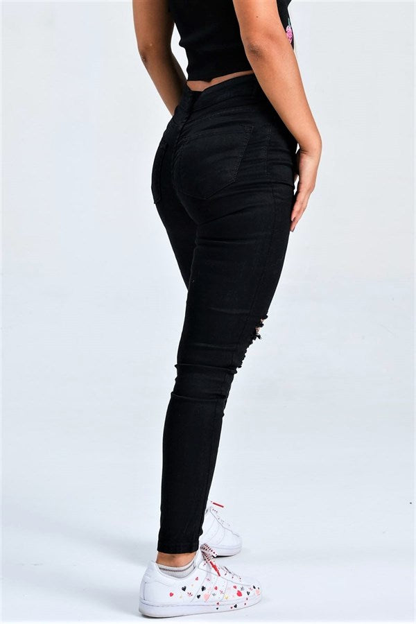 Siyah Yırtık Detaylı Skinny Jeans