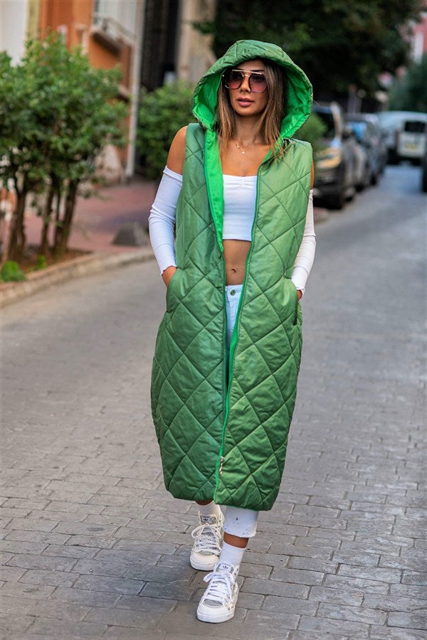 Yeşil Kapüşonlu Cepli Baklava Desen Uzun Şişme Yelek