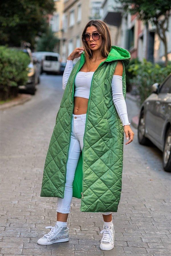 Yeşil Kapüşonlu Cepli Baklava Desen Uzun Şişme Yelek
